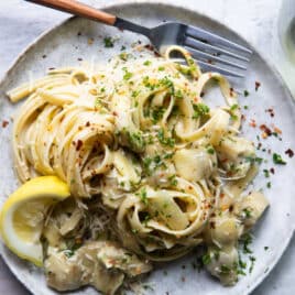 A plate of artichoke pasta.