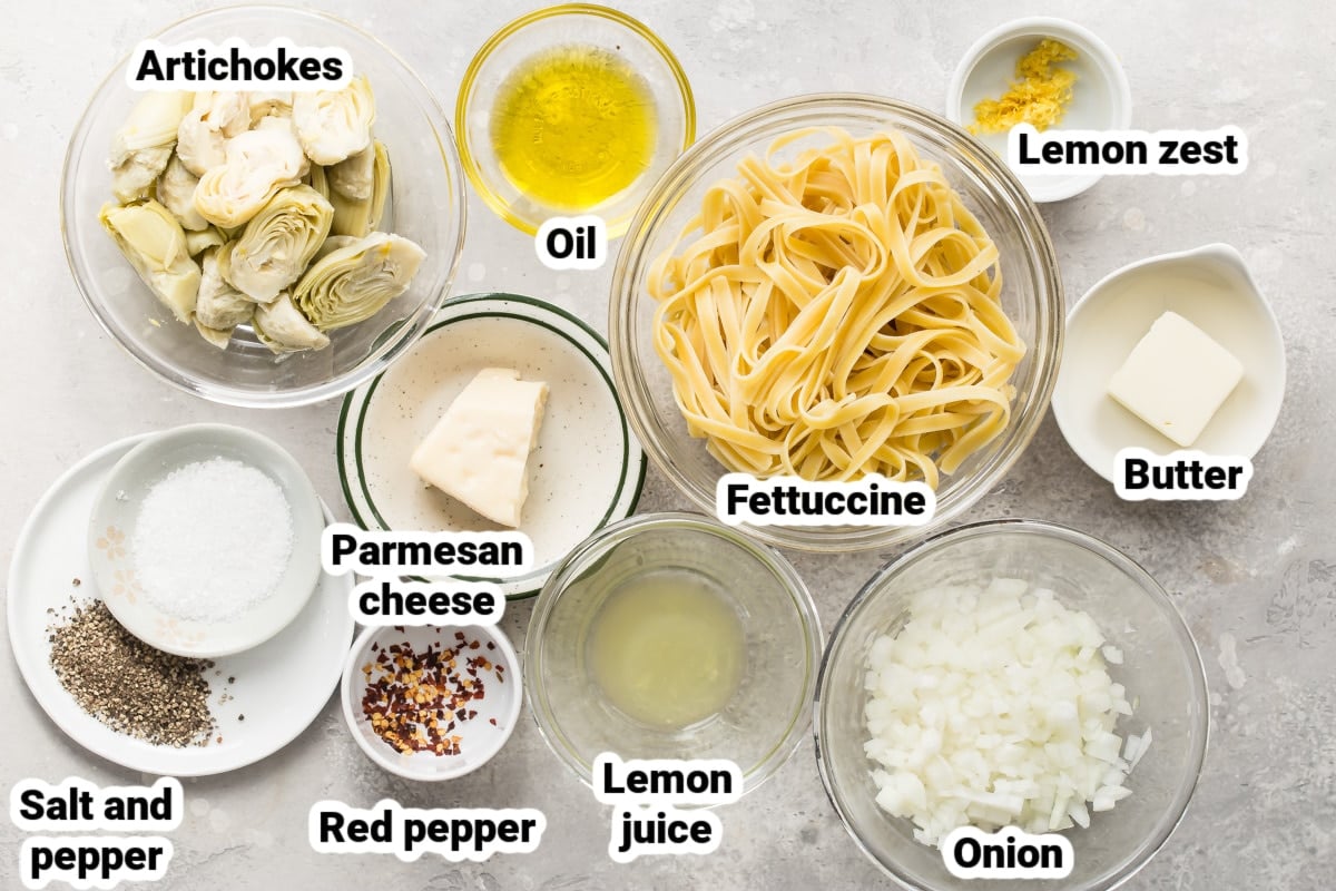 Artichoke Pasta ingredients in bowls.
