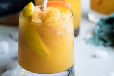 A glass filled with brandy slush.