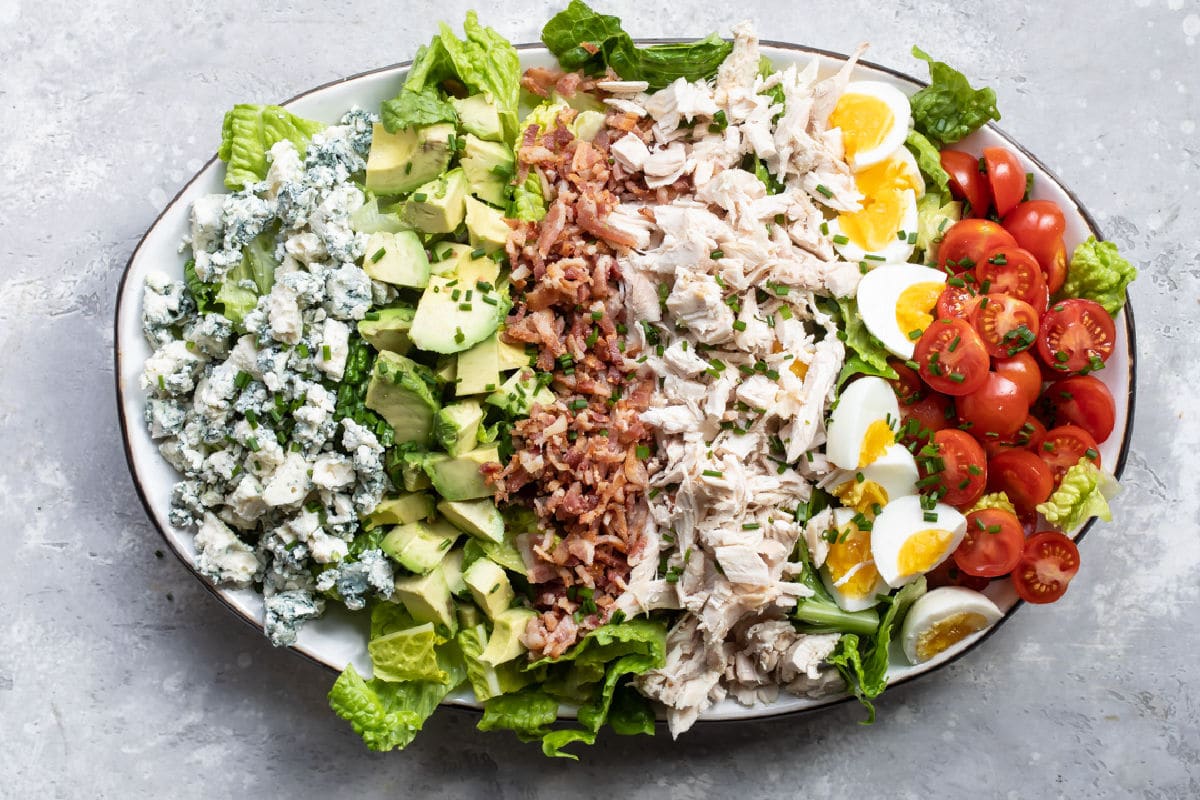 Cobb salad on an oval platter.