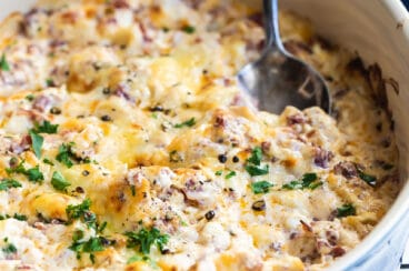 Hot reuben dip in a serving bowl.